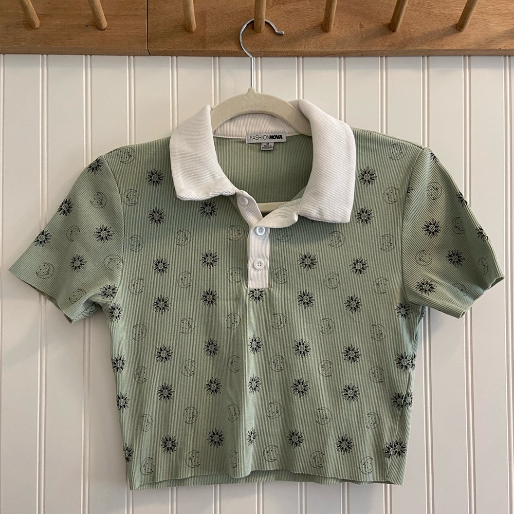 Fashion Nova Celestial Sun Moon Cropped Ribbed Polo Mint Green Whimsigoth Jrs M
